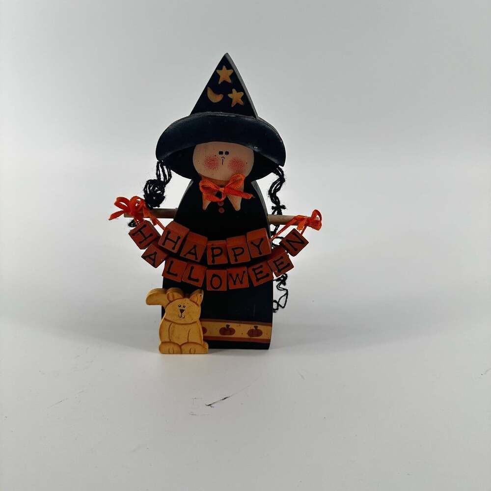 Happy Halloween Wooden Witch Shelf Sitter With Puppy Vase Candle/Pencil Holder